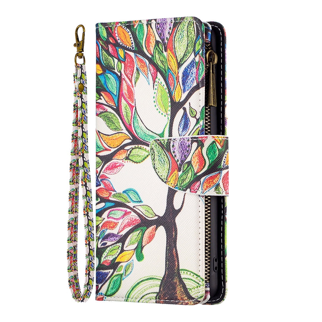 BF03 Zipper Pocket Phone Cover for iPhone 15 Pro Max , Pattern Printing Stand PU Leather Wallet Case - Life Tree BF03 Zipper Pocket Phone Cover for iPhone 15 Pro Max , Pattern Printing Stand PU Leather Wallet Case - Life Tree